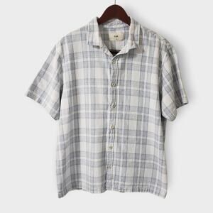 Folk Clothing Mens Linen Blend Textured SS Button Up Shirt Blue Plaid Sz XL